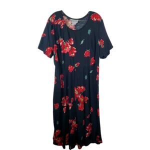 Vtg 80s Decked Out Black Floral Midi Tie Back Dress Womens Plus Sz 24 Rayon USA